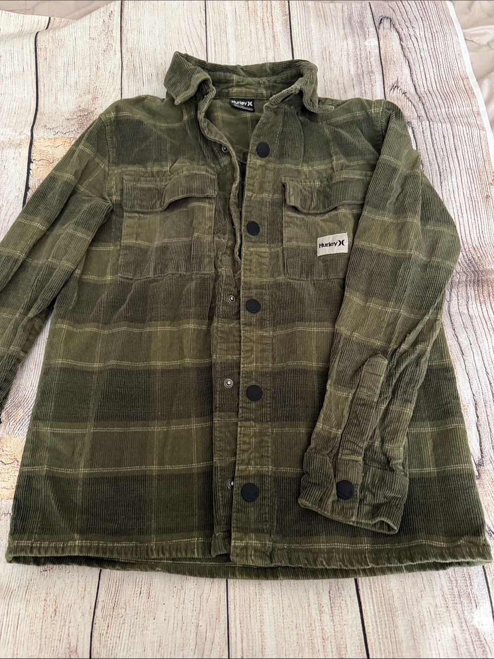 Boys Hurley Olive Green Corduroy Shacket with Chest Pockets